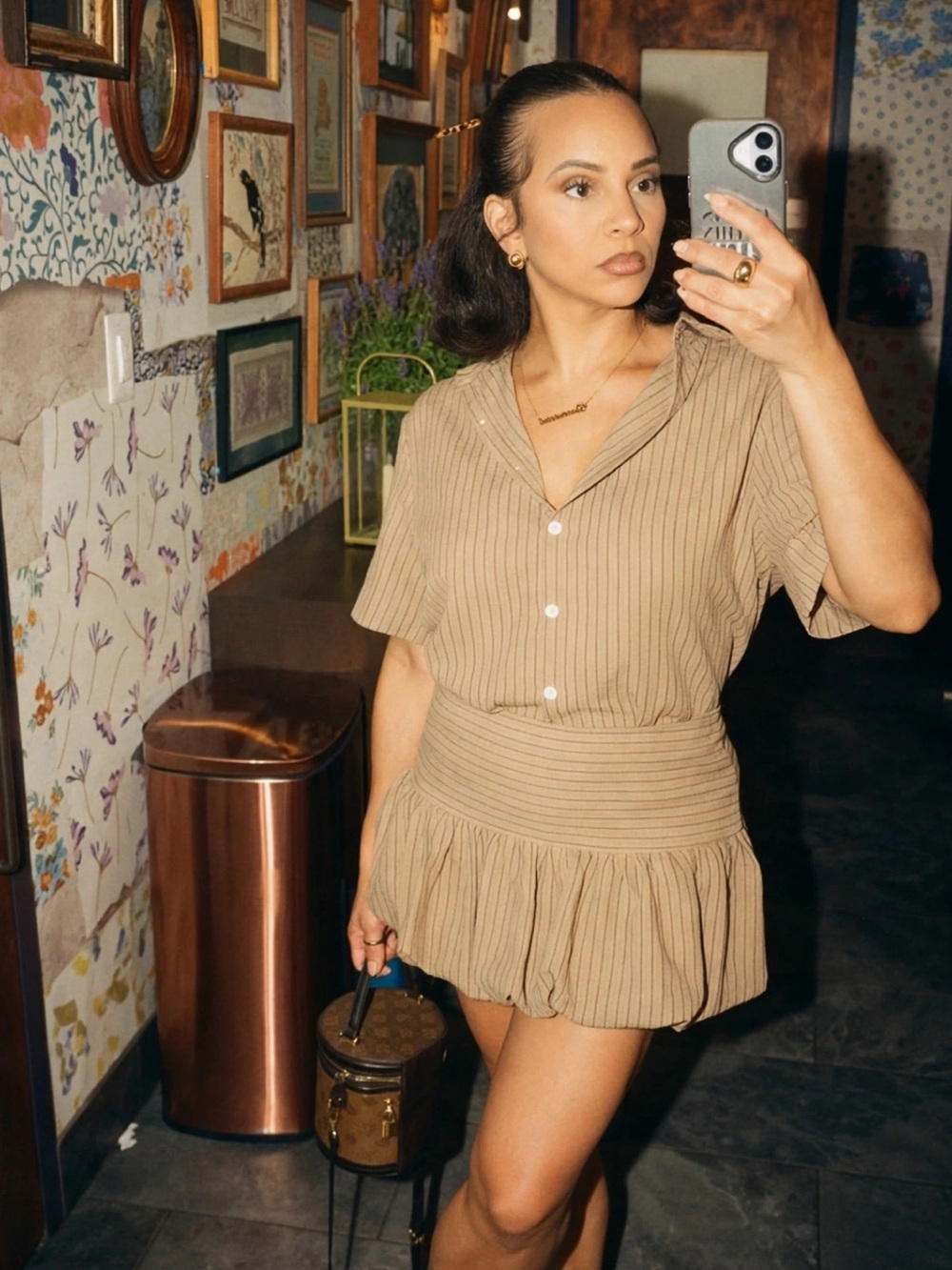 Beige Pinstripe Button-Up 2 piece set